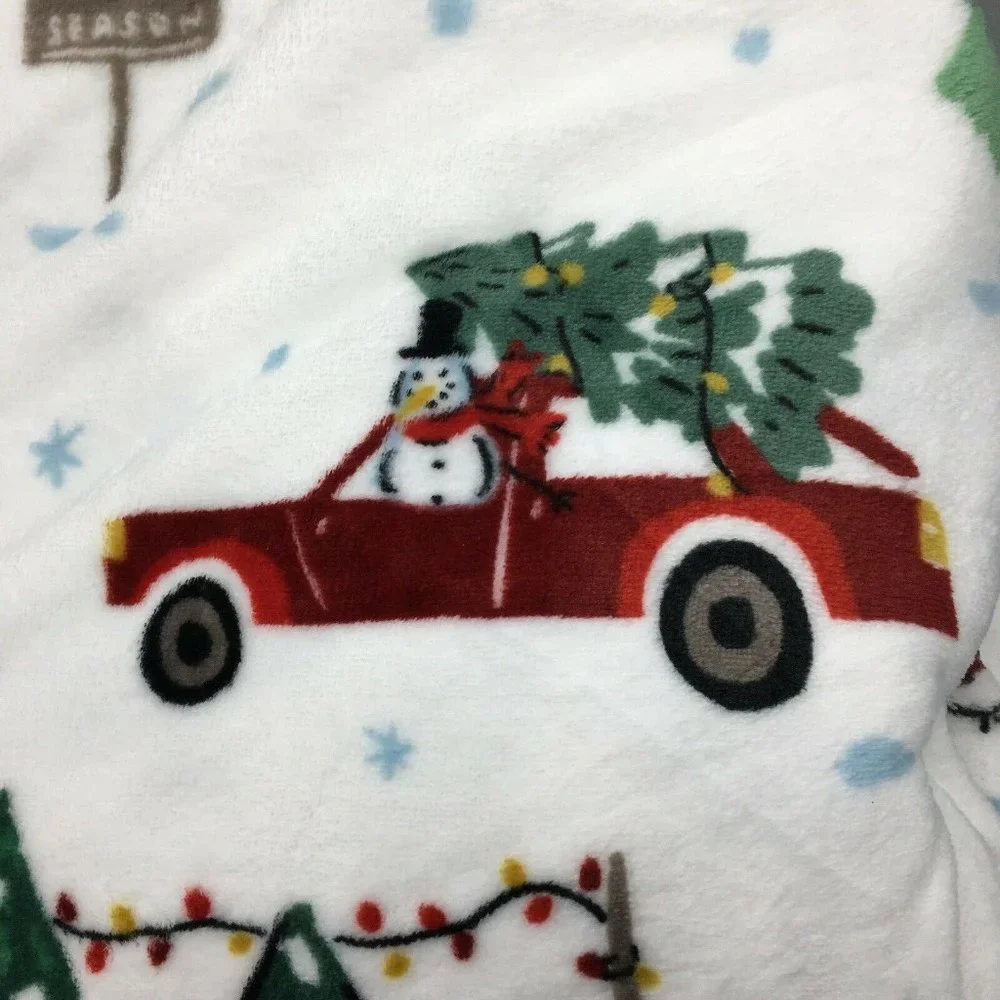 Envogue Christmas Tree Farm Throw Blanket Microfleece Red Truck Snowman Holiday